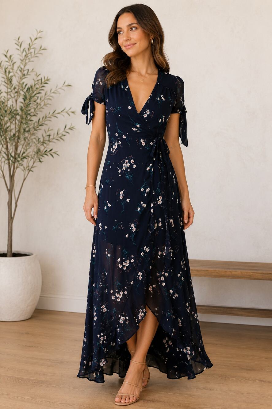 Miami Floral Wrap Maxi Dress Women's Small Navy High-Low Tie Sleeve Boho